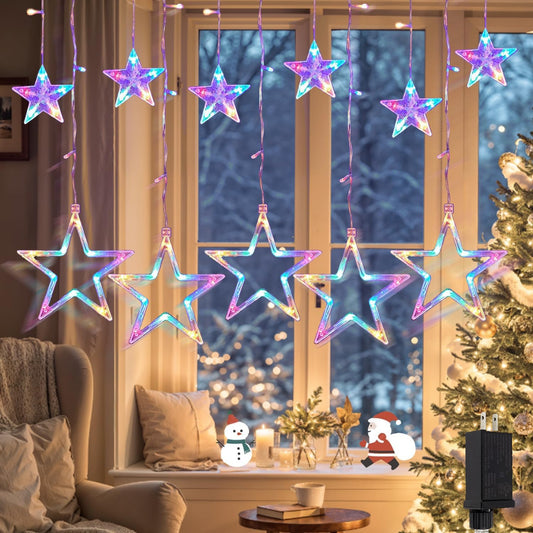 Star Curtain Lights 12 Stars 138 LED Multicolor Christmas Window Lights,Curtain String Lights Wall Decor Plug in for Inoor Outdoor with 8 Modes,Waterproof Hanging Wall Lights for Christmas Decorations