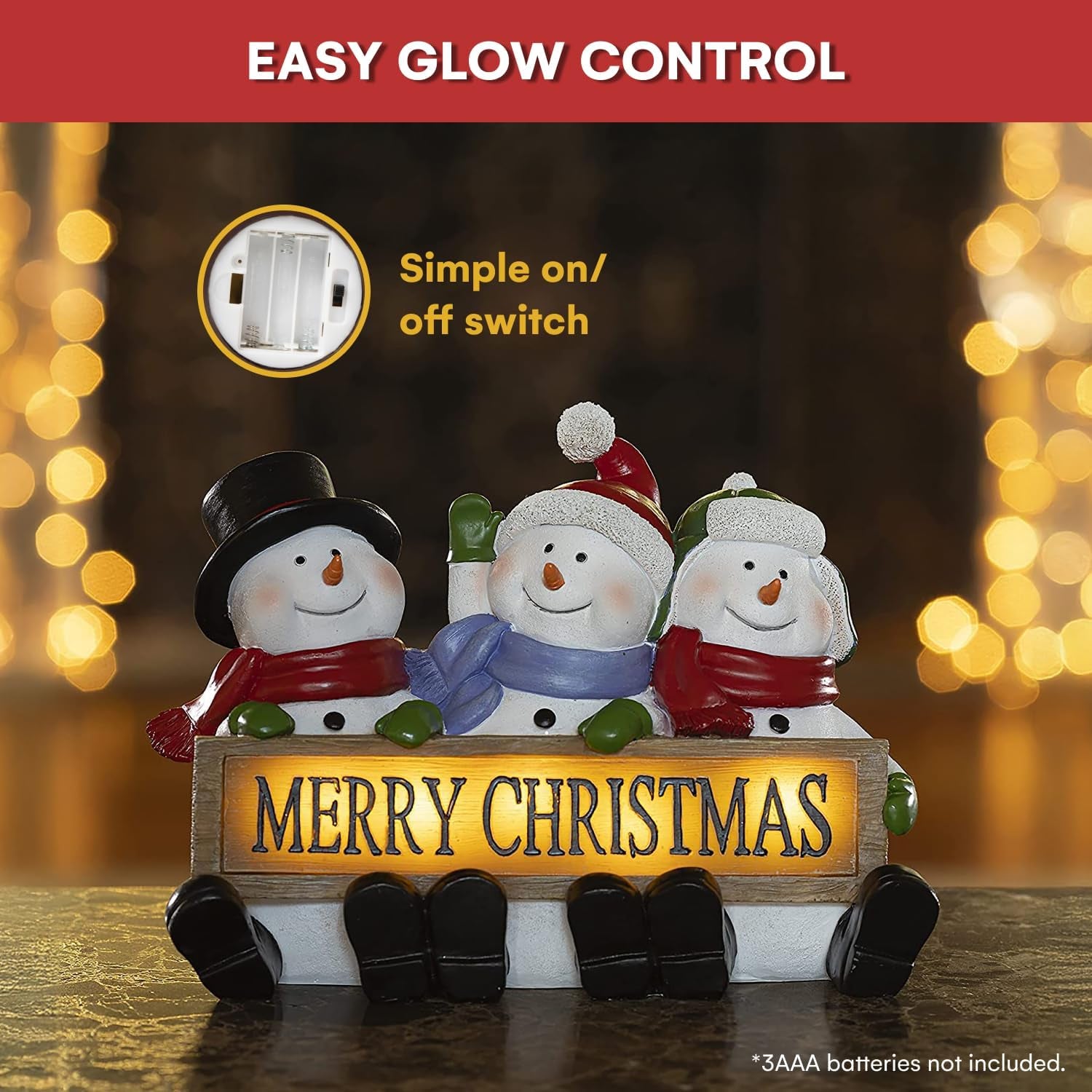 Glowing Merry Christmas Sign Trio LED Snowman Decor Christmas Figurines Resin Lighted Snowman Decorations Holiday Light up Snowman Indoor Festive Fiber Optic Decorations